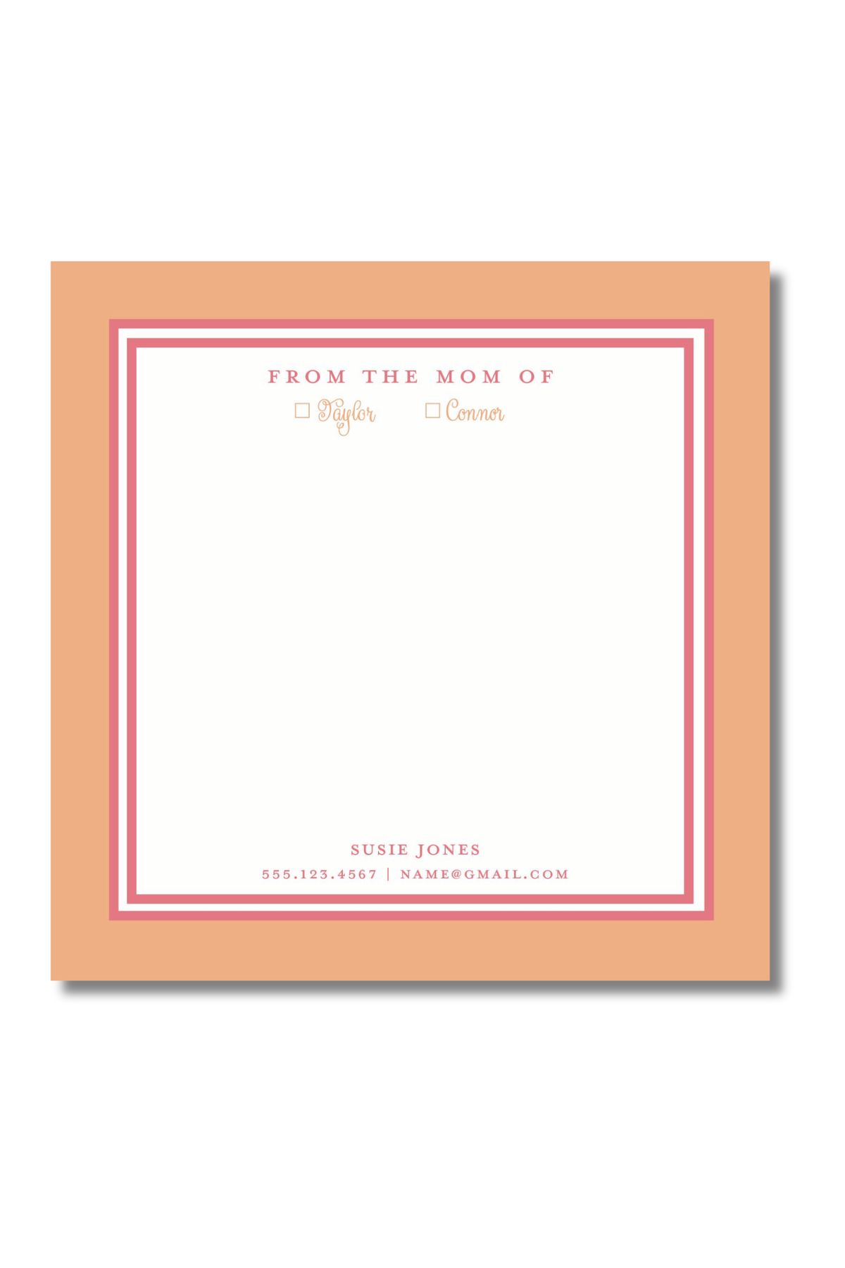 A square peach-colored notepad with a white writing area, bordered by pink double lines and small printed text at the top and bottom, shown on a light gray background.