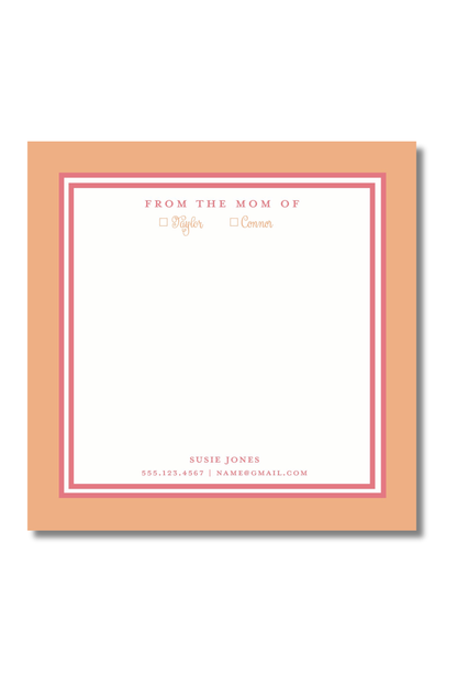 A square peach-colored notepad with a white writing area, bordered by pink double lines and small printed text at the top and bottom, shown on a light gray background.